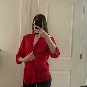Elegant Red Floral Sheer Women's Top